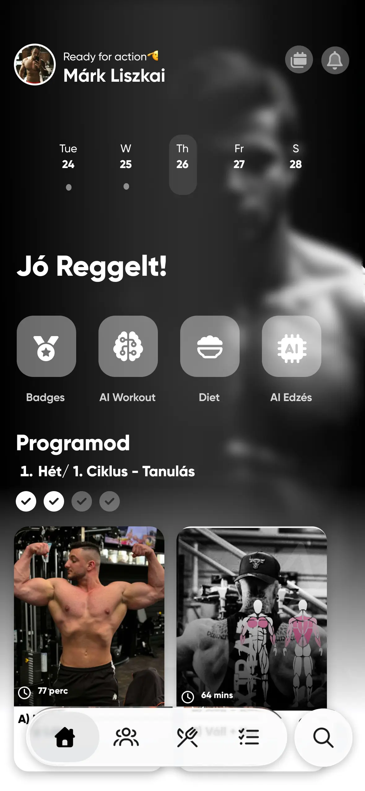 LISZKAI Fitness App - Home screen showing daily greeting, quick actions, and current program